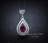 Ruby Necklace - Dainty Teardrop 925 Sterling Silver Ruby Jewelry - Tiny Halo Double Gemstone circle Red Gemstone Pendant #250