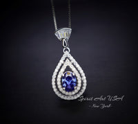 Tanzanite Necklace - December Birthstone - 18kgp @ Sterling Silver - Double Halo Lab Created Tanzanite Pendant Jewelry #435