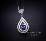 Tanzanite Necklace - December Birthstone - 18kgp @ Sterling Silver - Double Halo Lab Created Tanzanite Pendant Jewelry #435