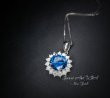 Blue Sapphire Necklace Gemstone Sunflower Pendant 8 mm White Gold Coated Princess Diana Style 2 CT Deep Blue Gemstone Jewelry #283