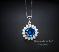 Blue Sapphire Necklace Gemstone Sunflower Pendant 8 mm White Gold Coated Princess Diana Style 2 CT Deep Blue Gemstone Jewelry #283