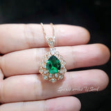 Lily Flower Emerald Necklace - 18KRGP & Sterling Silver - 3 CT Green Emerald Pendant May Birthstone Layered Double Halo Emerald Jewelry #681