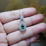 Double Halo Emerald Necklace - Gemstone Teardrop Emerald Pendant - Royal Crown Sterling Silver 18KGP Dainty May Birthstone green #244