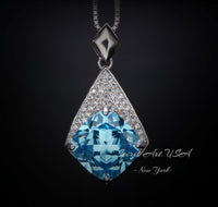 Aquamarine Necklace - Rhombic Style Blue Aquamarine Pendant- 18KGP Sterling Silver - Cushion Cut 6 CT - March Birthstone #599