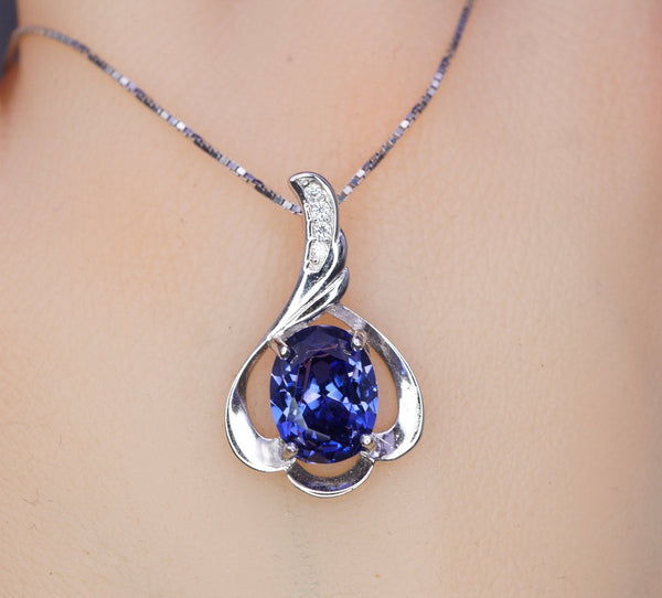 Tanzanite Necklace - 18KGP @ Sterling Silver - Oval Blue Tanzanite Pendant - Flower Petal - December Birthstone #463