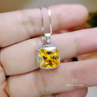 Large Square Yellow Gemstone Necklace -Cushion 5 CT Yellow Moissanite Gemstone Pendant White Gold Sterling Silver #443