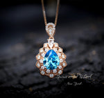 Teardrop Blue Topaz Necklace - Rose Gold Sterling Silver - 2.8 CT Double Halo Swiss Blue Topaz Pendant - Layered Lily Flower Jewelry #765