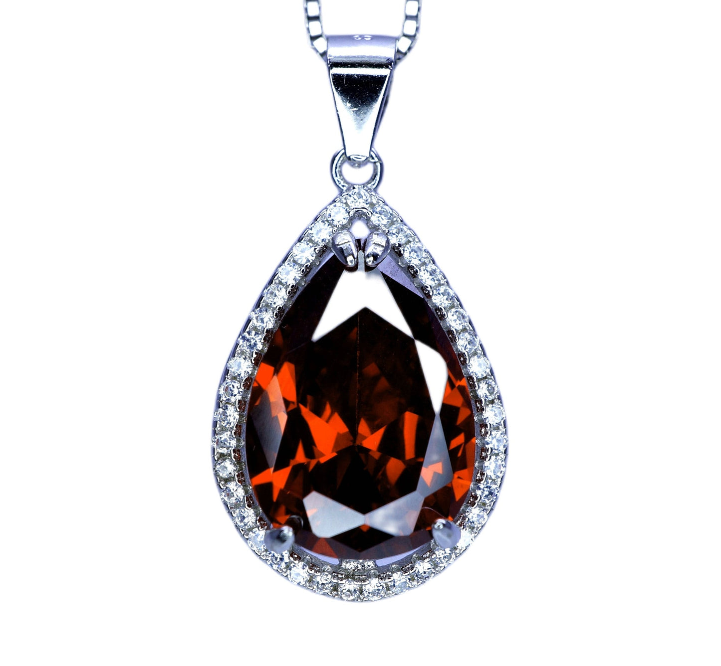 Large Teardrop Garnet Necklace - 5.5 CT Spessartite Garnet Pendant - 18kgp@ sterling Silver - Teardrop Halo Red Orange Garnet #772