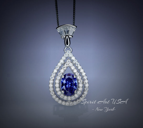 Tanzanite Necklace - December Birthstone - 18kgp @ Sterling Silver - Double Halo Lab Created Tanzanite Pendant Jewelry #435