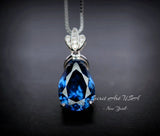 Large Teardrop Blue Sapphire Necklace - 18KGP Sterling Silver September Birthstone - Pear 7 CT Blue Sapphire Jewelry #794