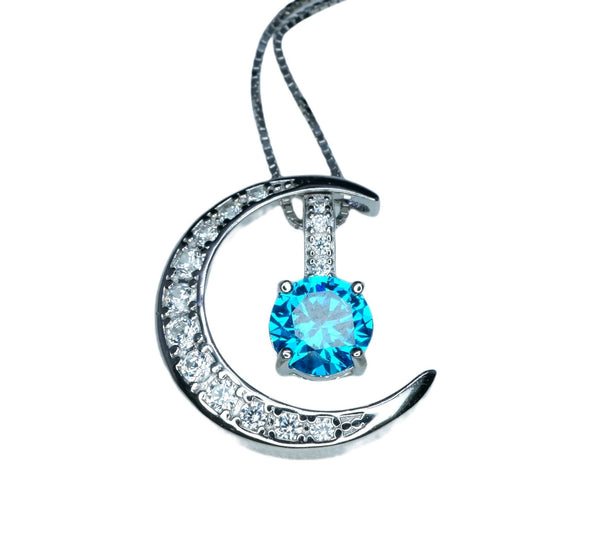 Blue Topaz Necklace Crescent Moon Pendant Sterling Silver Two Separated Pendant #229