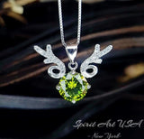 Peridot Necklace - Antler Deer Style 18KGP @ Sterling Silver - 2 CT Green Peridot Pendant - Olivine Heart Stone August Birthstone #203