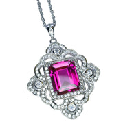 Large Pink Sapphire Necklace Fuchsia Color Gemstone Flower Sterling Silver White Gold Coated - Faceted Rectangle 5 CT Lab Pink Sapphire #819