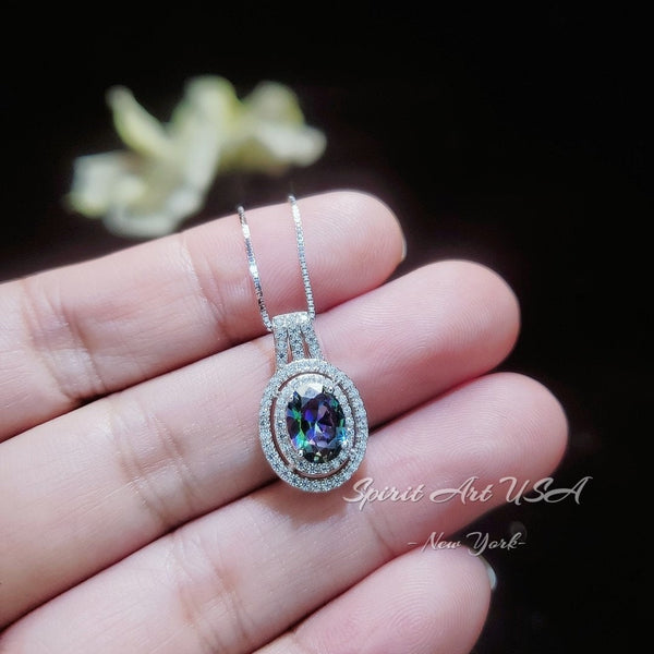 Double Halo Mystic Topaz Necklace - Gemstone Halo Oval - Rainbow Mystic Topaz Pendant - 18kGP @ Sterling Silver - Mystic Topaz Jewelry #408