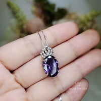 Created Amethyst Necklace - Diamond Crown 6 CT Amethyst Pendant - Sterling Silver White Gold Plated Large Oval Purple Gemstone Jewelry #657