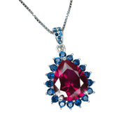 Luxury Teardrop Ruby Necklace - Blue Sapphire Halo Pear Cut 3.75 CT Large Ruby Pendant - 18KGP @ Sterling Silver #589