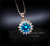 Blue Topaz Necklace - Rose Gold coated Sterling Silver Princess Diana Style Halo Sunflower 8mm - 2 CT Blue Topaz Jewelry #275