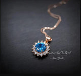 Blue Topaz Necklace - Rose Gold coated Sterling Silver Princess Diana Style Halo Sunflower 8mm - 2 CT Blue Topaz Jewelry #275