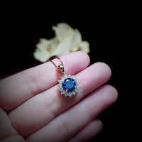 Deep London Blue Topaz Necklace - Rose Gold coated Sterling Silver Princess Diana Style Halo Sunflower 8mm 2 CT Blue Topaz Jewelry #307