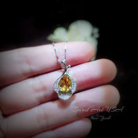 Genuine Citrine necklace - Sterling Silver Leaf Pendant - 18kgp - Teardrop Pear Cut Natural Citrine Pendant Jewelry - Simple Style #482