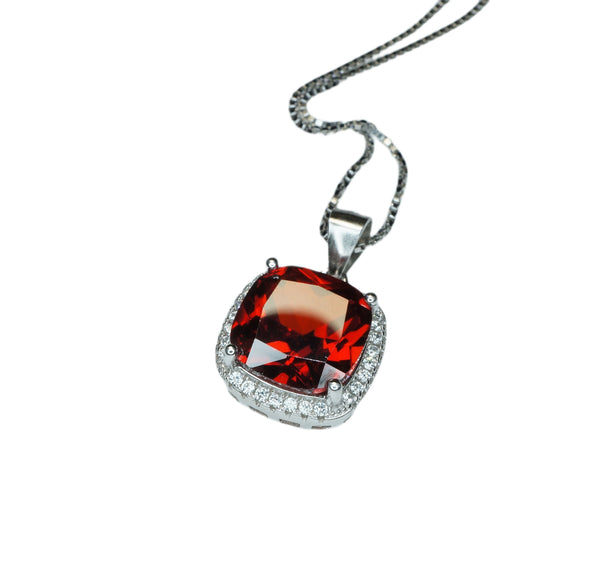 Spessartite Garnet Necklace 5CT Large Square Garnet Pendant - 18kgp Sterling Silver Solitaire Red Orange Garnet Jewelry lab created gem #441