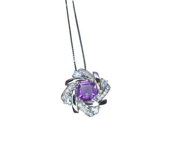 Genuine Amethyst Necklace - Tiny Square Scissor Cut Natural Amethyst Pendant - 18KGP @ Sterling Silver - February Birthstone #416