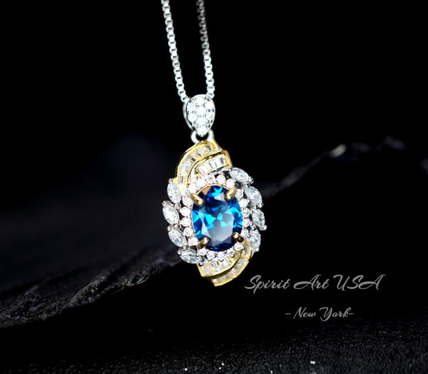 Blue Sapphire Necklace Spiral of Life Pendant - 2 CT Blue Sapphire Pendant Spiritual Gemstone Flower Jewelry Double Halo Swirl 18KGP #656