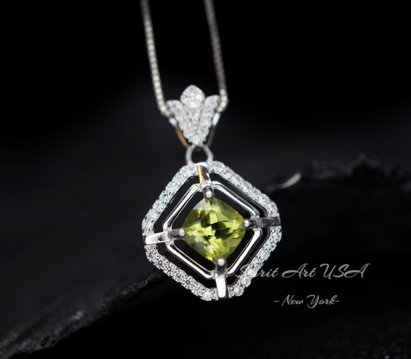 Genuine Peridot Necklace Diamond Crown Square Peridot Pendant 18KGP @ Sterling Silver - Double Halo 1CT Natural Green Peridot Jewelry #303