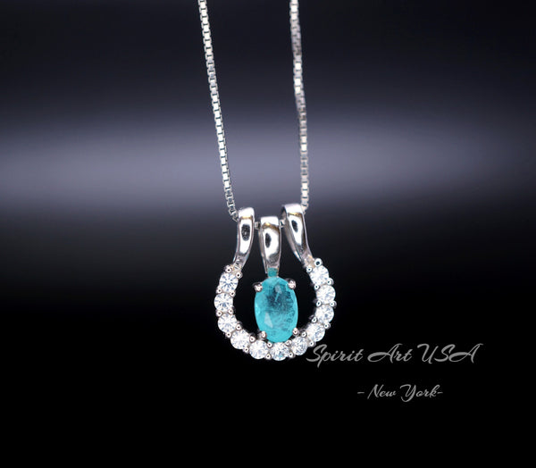 Tiny Horse shoe Paraiba Tourmaline Necklace white gold 18kgp blue gemstone sterling silver horseshoe pendant #189