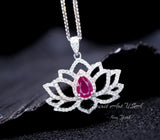 Ruby Necklace - Gemstone Lotus Flower Ruby Pendant - White gold @ Sterling Silver - July Birthstone - Yoga Necklace #602