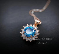 Blue Topaz Necklace - Rose Gold coated Sterling Silver Princess Diana Style Halo Sunflower 8mm - 2 CT Blue Topaz Jewelry #275