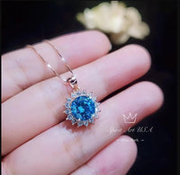 Blue Topaz Necklace - Rose Gold coated Sterling Silver Princess Diana Style Halo Sunflower 8mm - 2 CT Blue Topaz Jewelry #275