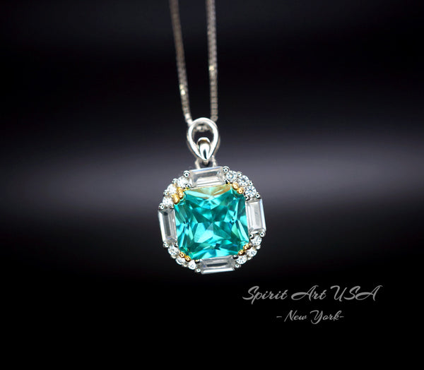 Cushion Cut Green Paraiba Necklace - Paraiba Pendant Paraiba Jewelry Green Tourmaline Necklace - 18KGP @ Sterling Silver Square Green #973