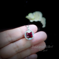 Ruby Necklace - Pigeon Blood Red Ruby Pendant - White gold @ Sterling Silver - July Birthstone 8 mm 2.5 CT Square Cut Red Ruby Jewelry #301