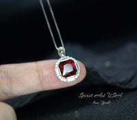 Ruby Necklace - Pigeon Blood Red Ruby Pendant - White gold @ Sterling Silver - July Birthstone 8 mm 2.5 CT Square Cut Red Ruby Jewelry #301