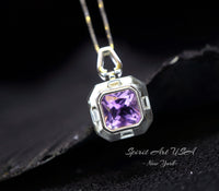 Genuine Amethyst Necklace - Natural Square Amethyst Pendant - 18KGP @ Sterling Silver - February Birthstone Solitaire Amethyst Jewelry #498