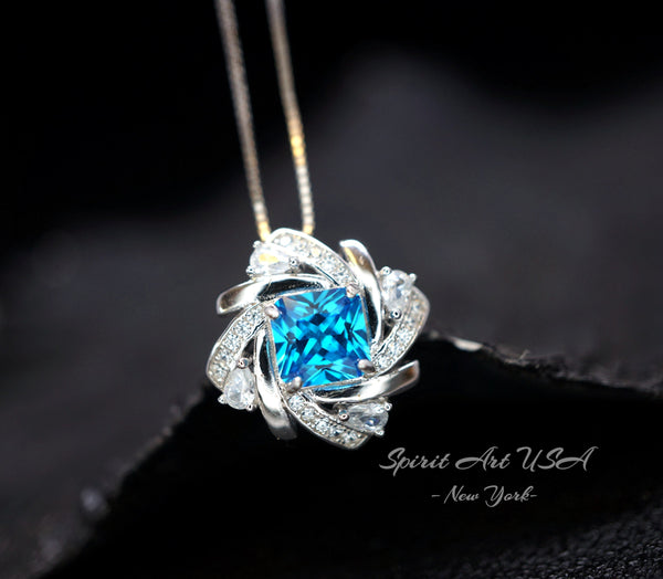 Blue Topaz Necklace, Swiss Blue Topaz Jewelry, 18kgp @ Sterling Silver Spin Design, Radiant Square Cut Blue Topaz Pendant #313