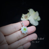 Genuine Green Peridot Necklace, Gemstone Snow Flower Pendant - 18kgp@ Sterling Silver, Natural Peridot Pendant August Birthstone #974