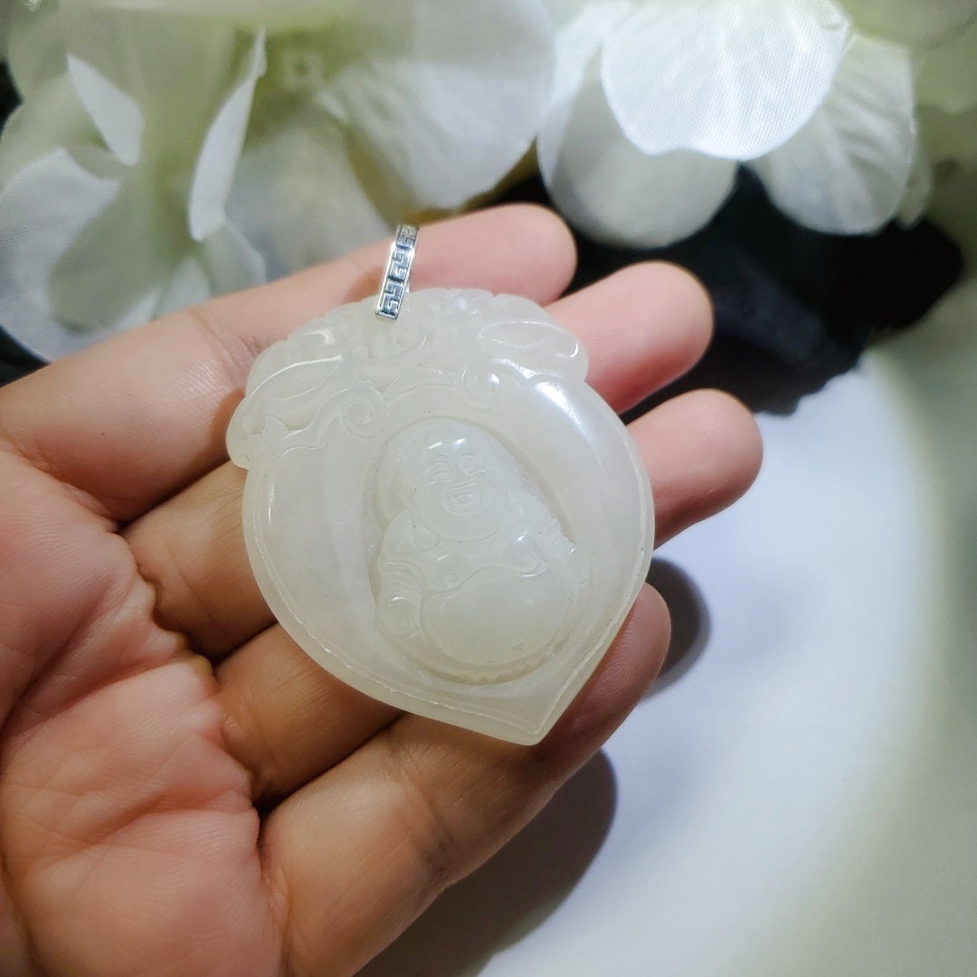 White Jade Buddha Pendant: Sterling Silver Bezel, Natural Stone chunky stone jewelry #2086