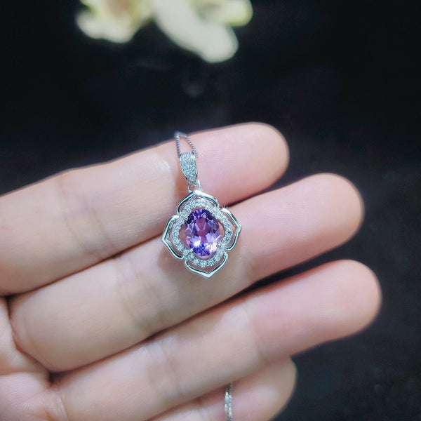 Amethyst Necklace, Flower of Life Style - 18kgp @ Sterling Silver - Genuine Natural Amethyst Jewelry , Crystal Yoga Pendant #322