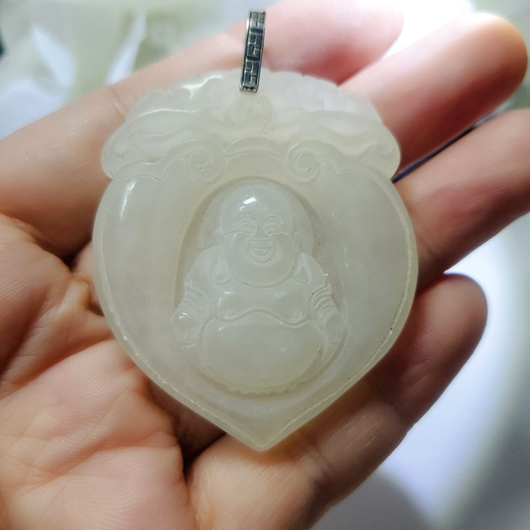 White Jade Buddha Pendant: Sterling Silver Bezel, Natural Stone chunky stone jewelry #2086