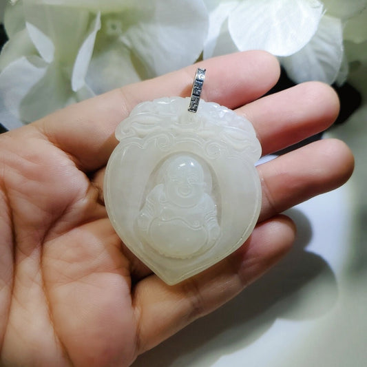 White Jade Buddha Pendant: Sterling Silver Bezel, Natural Stone chunky stone jewelry #2086