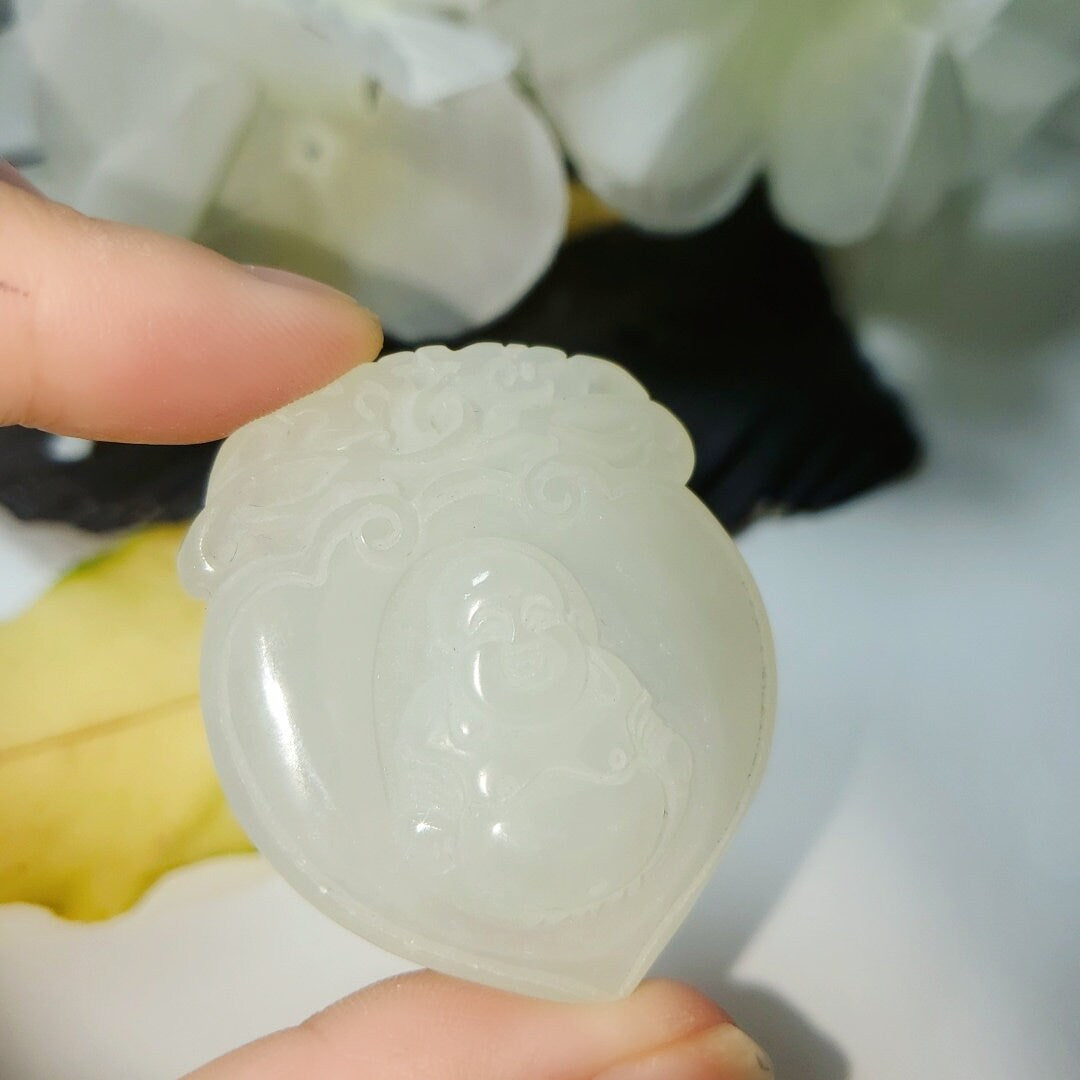 White Jade Buddha Pendant: Sterling Silver Bezel, Natural Stone chunky stone jewelry #2086