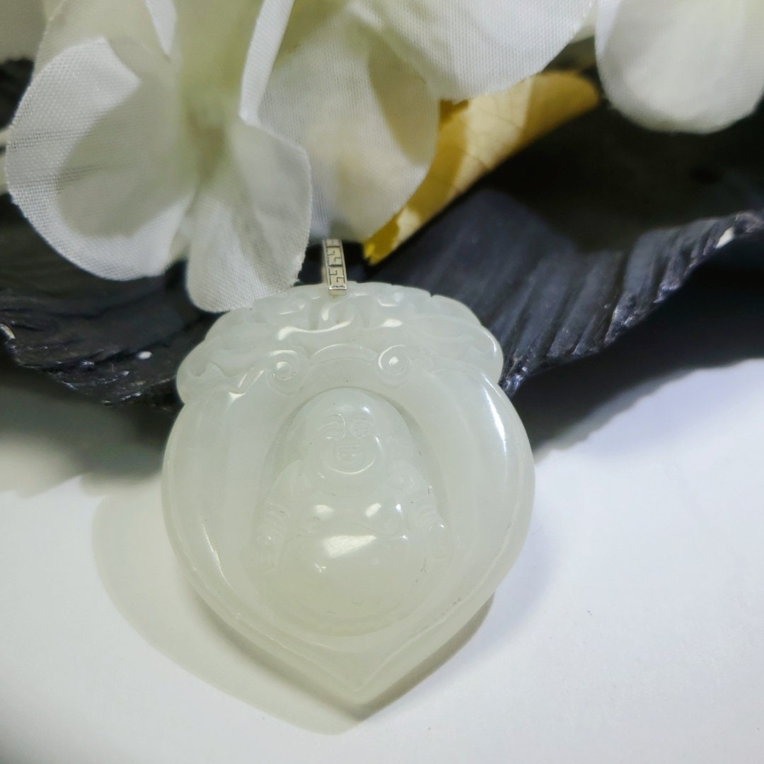 White Jade Buddha Pendant: Sterling Silver Bezel, Natural Stone chunky stone jewelry #2086