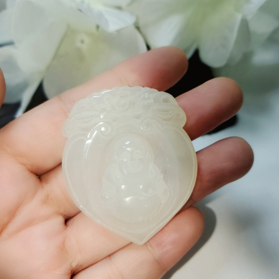 White Jade Buddha Pendant: Sterling Silver Bezel, Natural Stone chunky stone jewelry #2086