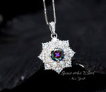 Mystic Topaz Necklace - Gemstone Snow Flower Pendant - Sterling Silver Round 6mm Mystic Topaz Pendant - 18KGP Double halo style #497