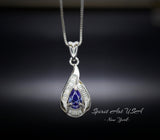 Tiny Teardrop Tanzanite Necklace - Sterling Silver Sim Dimond White Gold Plated Halo 0.5 CT Royal Blue Pear Pendant Minimalist Style 088