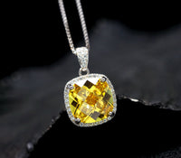 Large Square Yellow Gemstone Necklace -Cushion 5 CT Yellow Moissanite Gemstone Pendant White Gold Sterling Silver #443