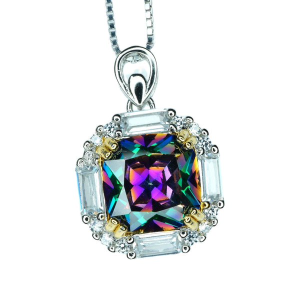 Dainty Cushion Mystic Topaz Necklace - Sterling Silver Gemstone Square Halo Solitaire Royal Rainbow Topaz Jewelry #173