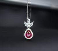 Ruby Necklace - Three Petal Style Teardrop Red Ruby Pendant - White gold @ Sterling Silver - July Birthstone - Adjustable Chain #419